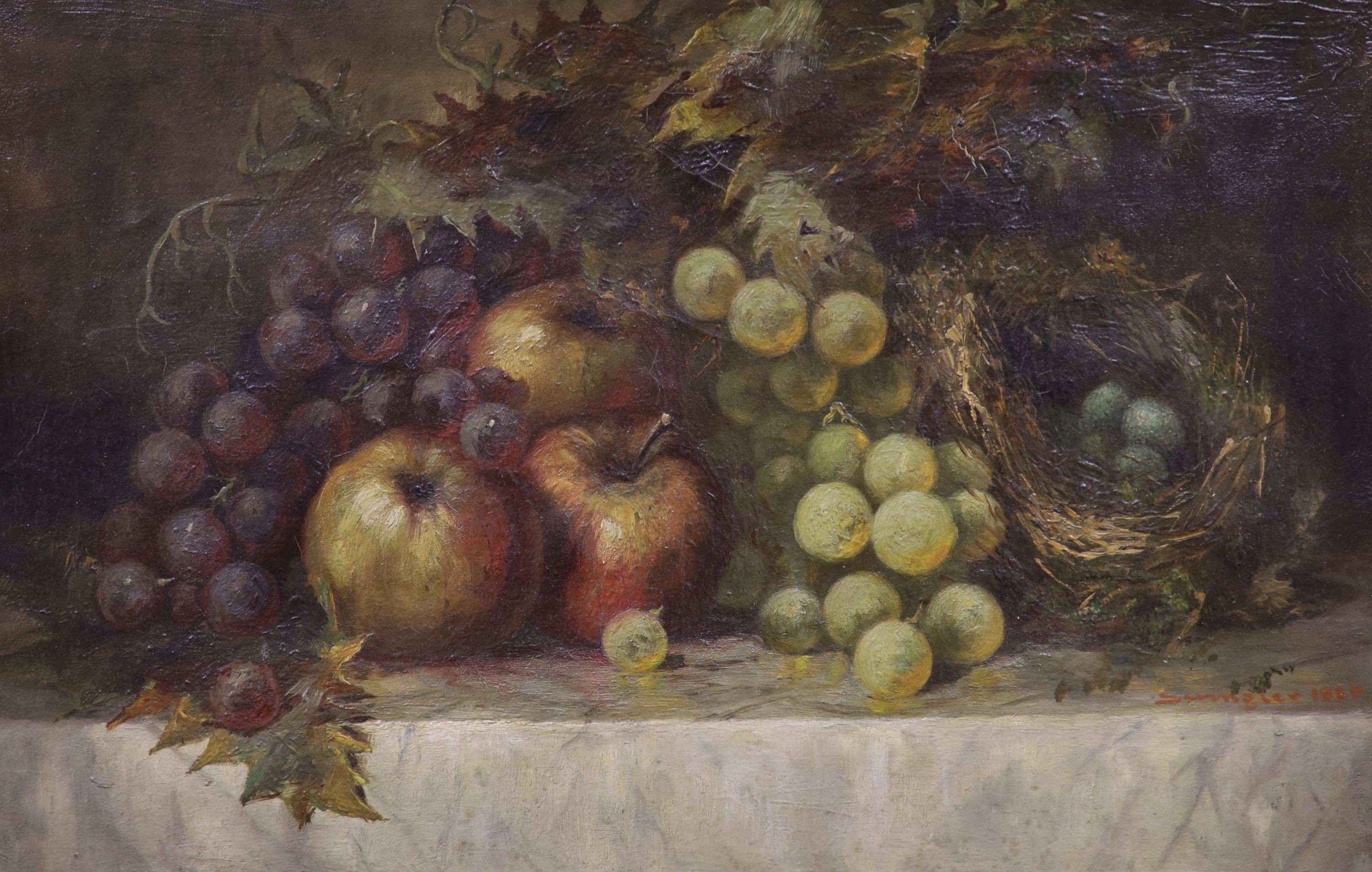 John Frank Swingler (1850-1900), oil on canvas, still life of apples, grapes, and bird's nest, signed, 30 x 45cm.